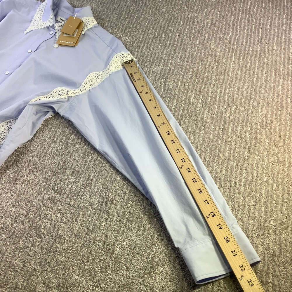 Sandro Gaia Light Blue Lace Trim Cropped Cotton Button Down Shirt Size 40 2 NWT - Picture 12 of 14